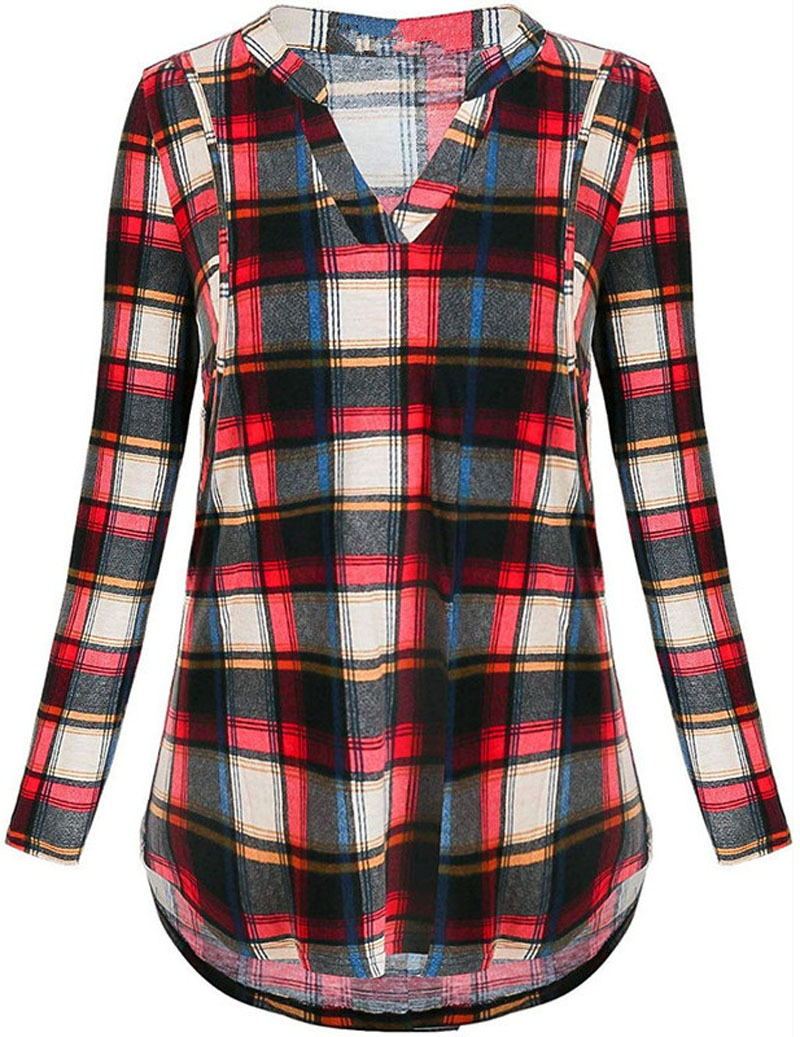 Plaid shirt with a V-neck and long sleeves on a white background