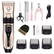Dog hair clipper set with scissors, comb, nail clippers, and charging accessories for easy pet grooming.