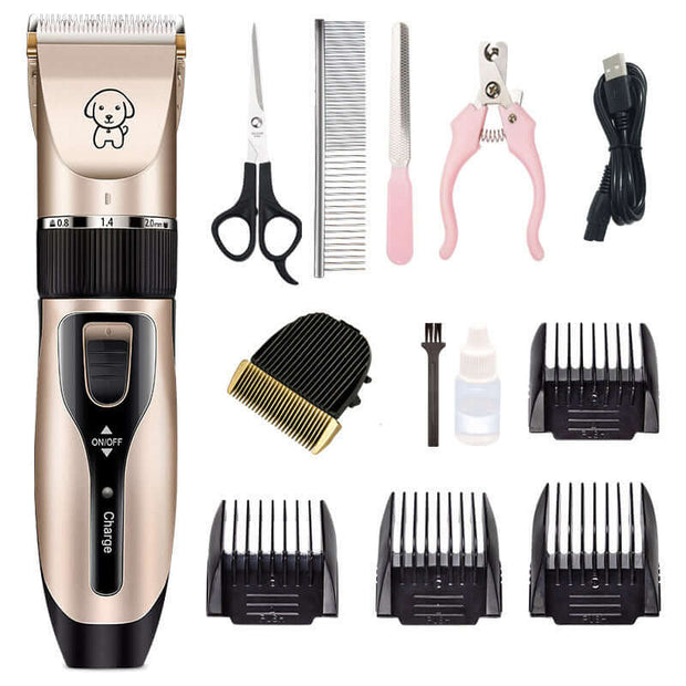 Dog hair clipper set with scissors, comb, nail clippers, and charging accessories for easy pet grooming.