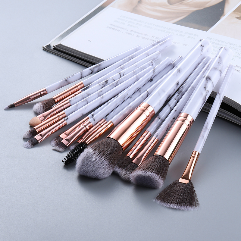 GlamourPro Marbled Makeup Brush Set - 15 Luxurious Brushes for Flawless Beauty