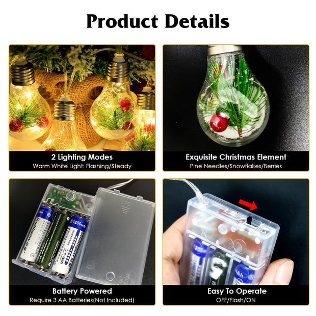 Christmas Snow Globe String Lights - 13.78FT Battery Powered with 10 LED Bulbs, Pine Needles, Snowflakes & Berries for Indoor Decor