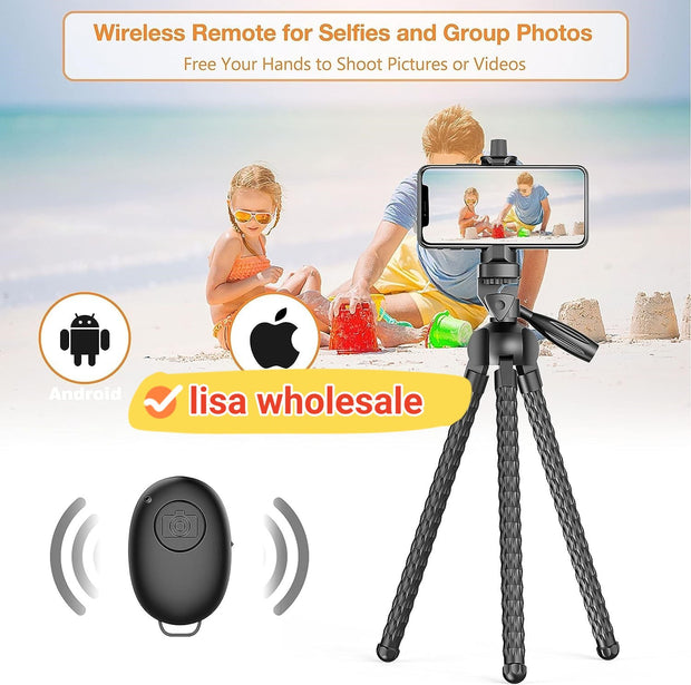 Wireless remote for selfies and group photos with a smartphone on a tripod, children playing in the background, and 'lisa wholesale' branding.