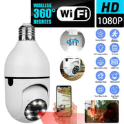 Wireless security camera in the shape of a light bulb with features highlighted.