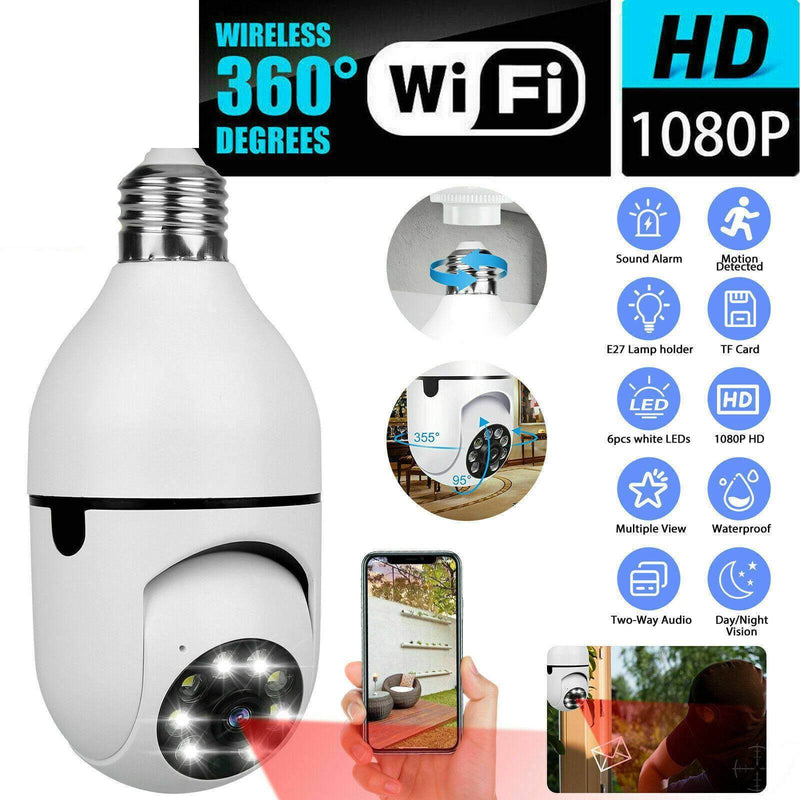Wireless security camera in the shape of a light bulb with features highlighted.