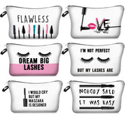 Set of six makeup bags with humorous and stylish designs on a white background