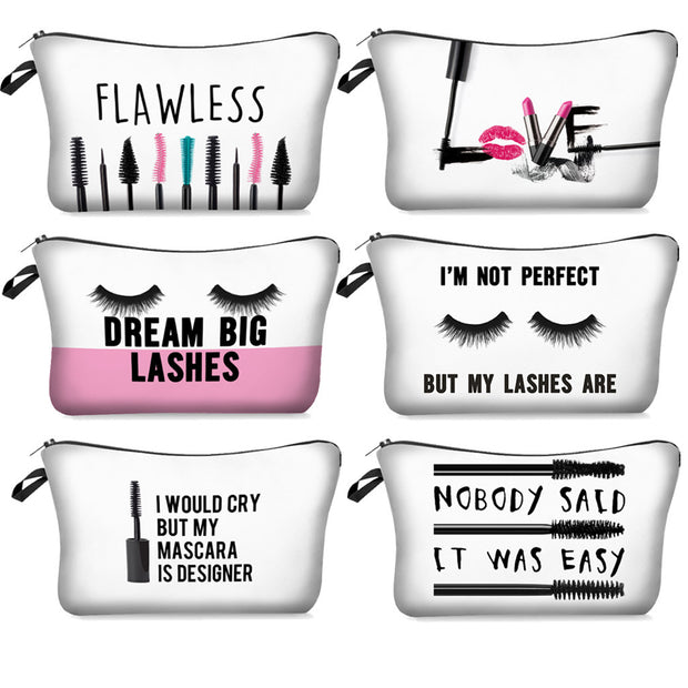 Set of six makeup bags with humorous and stylish designs on a white background