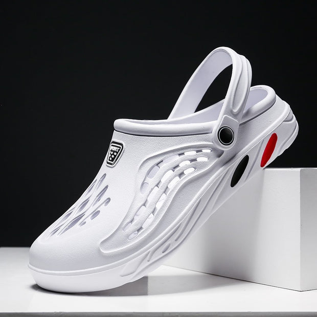 White sandal with a brand logo on a black background