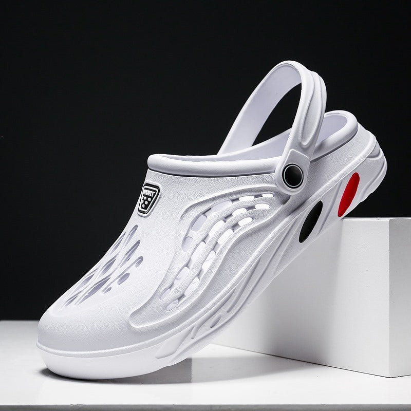 White sandal with a brand logo on a black background