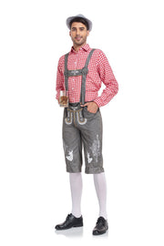 Man wearing traditional Bavarian outfit with red checkered shirt, gray pants, and suspenders on a white background.