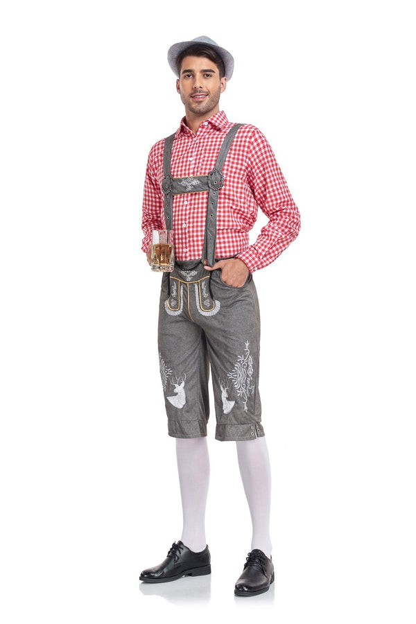 Man wearing traditional Bavarian outfit with red checkered shirt, gray pants, and suspenders on a white background.