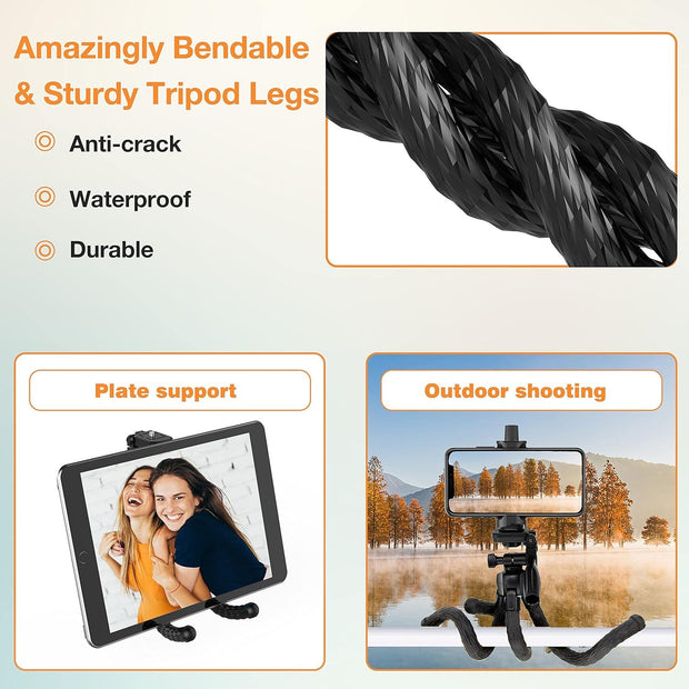 Bendable and sturdy tripod legs with plate support and outdoor shooting examples on a light blue background.