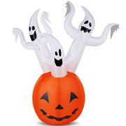 Inflatable ghost decoration with a pumpkin base on a white background