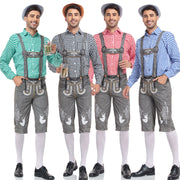 Four men in stylish traditional outfits with plaid shirts and shorts, perfect for beer festivals and celebrations.