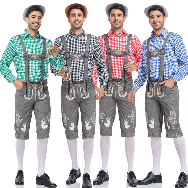 Four men in stylish traditional outfits with plaid shirts and shorts, perfect for beer festivals and celebrations.