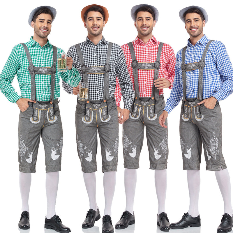 Four men in stylish traditional outfits with plaid shirts and shorts, perfect for beer festivals and celebrations.