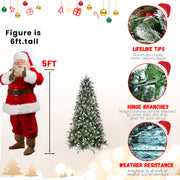 Christmas tree and Santa Claus figure with measurements and features highlighted