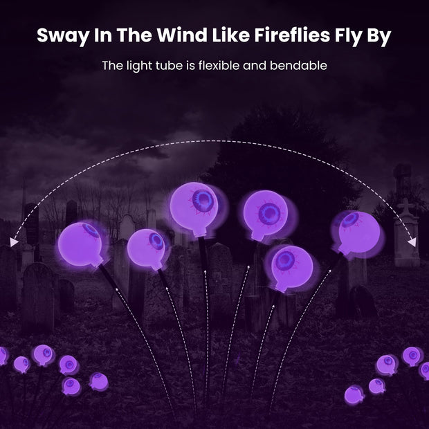 Purple eyeball light tubes arranged like flowers in a dark setting with text about flexibility.