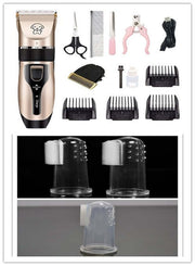 Dog hair clipper kit with scissors, comb, nail clippers, charging cable, and positioning combs for pet grooming.