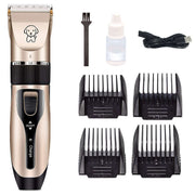 Dog hair clipper set with sharp blade, four combs, oil, cleaning brush, and USB charging cable.