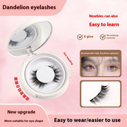 Dandelion eyelashes in a compact with user instructions on a pink background