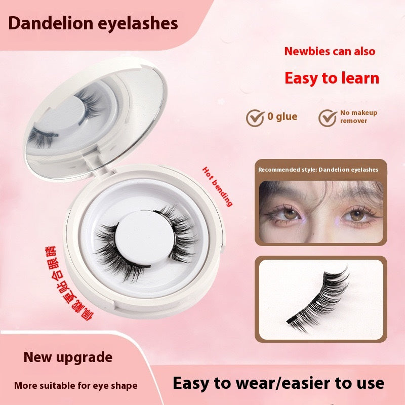 Dandelion eyelashes in a compact with user instructions on a pink background