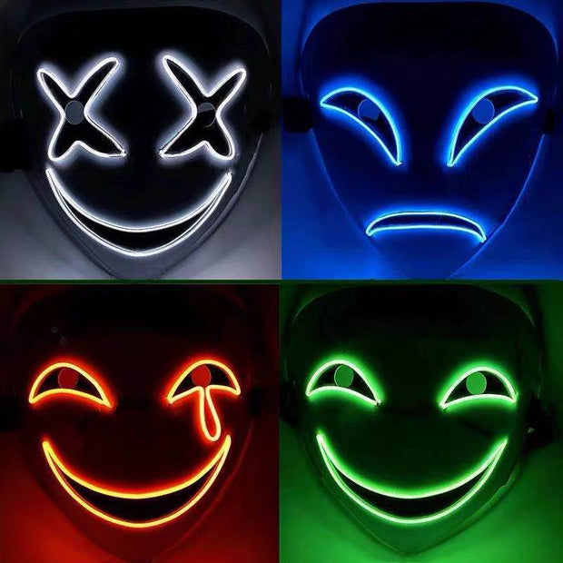 Four LED face masks in different colors with various expressions.