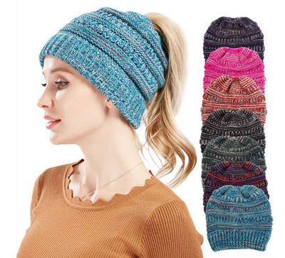 Mixed Color Knitted Wool Hat for Women - Non-labeled Ponytail Design for Comfort and Style
