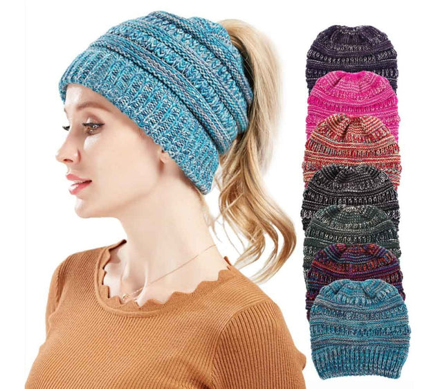 Mixed Color Knitted Wool Hat for Women - Non-labeled Ponytail Design for Comfort and Style