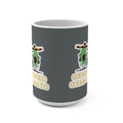 Gray mug with a cartoon character and text on a white background