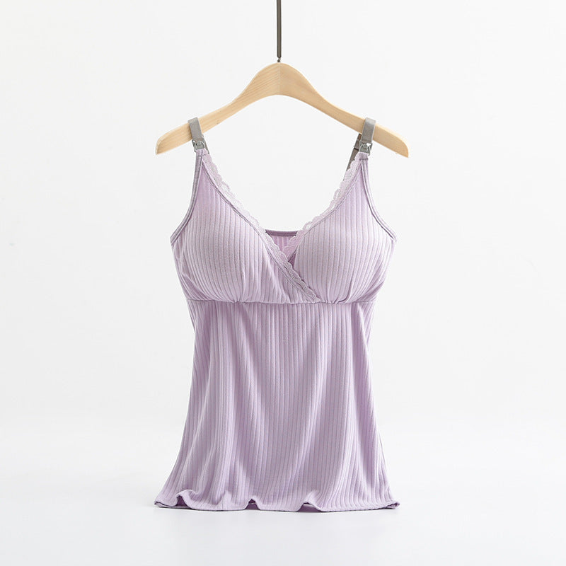 Lavender satin nightgown on a hanger against a white background