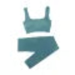 Teal sports bra and leggings set on a plain background