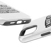 Close-up of a white phone case with branding on a white background