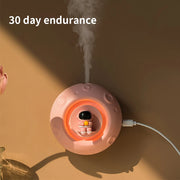 Pink spherical device with smoke coming out, labeled '30 day endurance' on a brown background.
