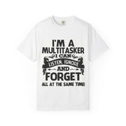 White t-shirt with black text design on a white background