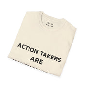 Beige t-shirt with text 'ACTION TAKERS ARE' on a white background