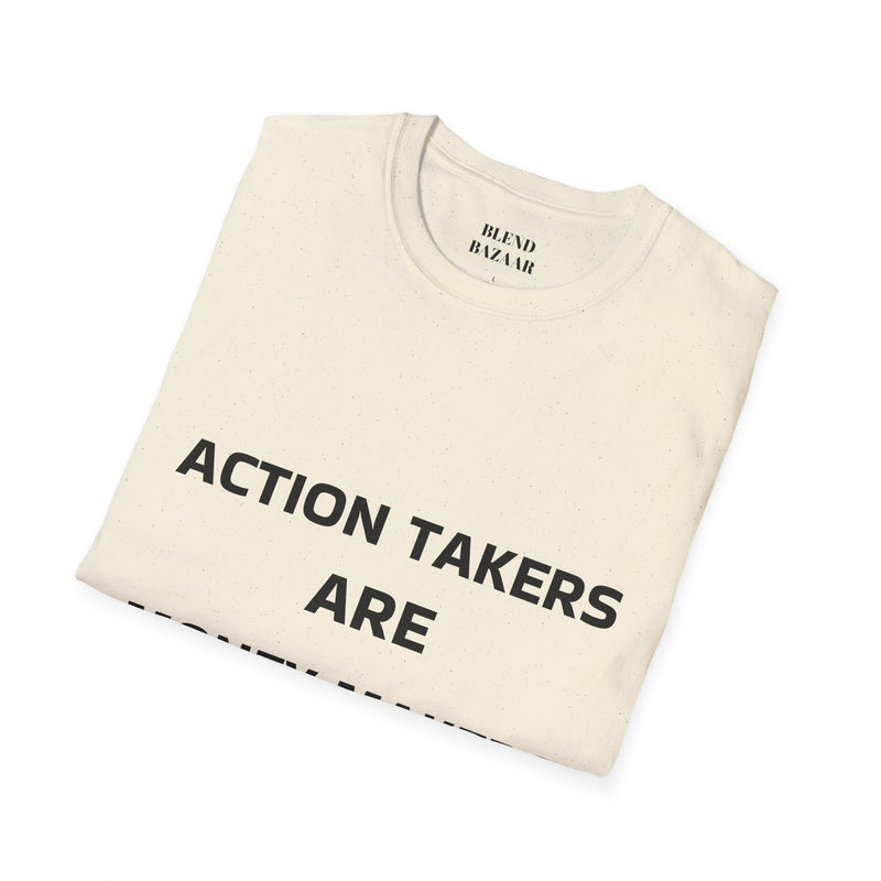 Beige t-shirt with text 'ACTION TAKERS ARE' on a white background