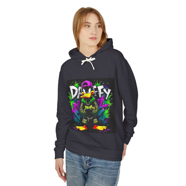 Person wearing a navy hoodie with colorful 'Daffy' graphic design on a white background