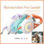 Retractable pet leash with LED night lighting in multiple colors on a white background.