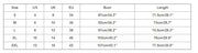 Size chart for clothing with measurements in US, UK, EU, bust, and length.