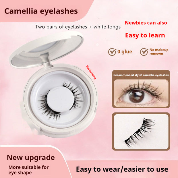 Camellia eyelashes packaging with instructions and examples on a pink background