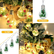 Christmas Snow Globe String Lights - 13.78FT Battery Powered with 10 LED Bulbs, Pine Needles, Snowflakes & Berries for Indoor Decor