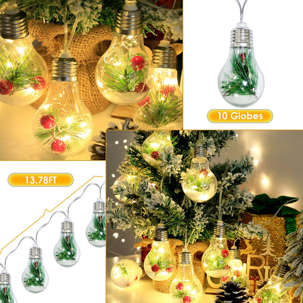 Christmas Snow Globe String Lights - 13.78FT Battery Powered with 10 LED Bulbs, Pine Needles, Snowflakes & Berries for Indoor Decor