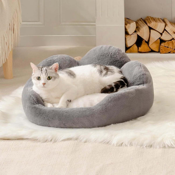 Cozy MEWOOFUN Cat & Small Dog Bed - Fluffy, Washable Flower Sofa with Non-Slip Bottom for Happy Indoor Pets, Grey, 23"