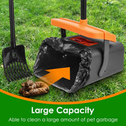 Pet waste collector with black bag and scoop on grass, labeled 'Large Capacity'.
