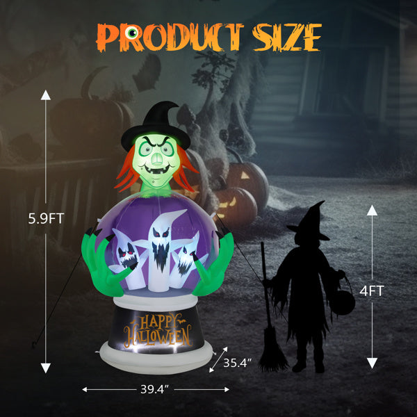 Witch Crystal Ball Inflatable Decoration W/ 6 LED & RGB Lights, 5.9ft