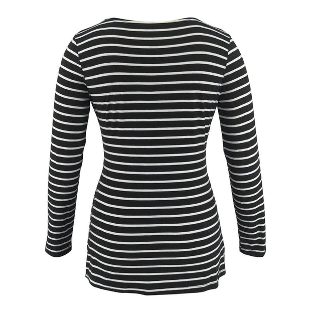 Black and white striped long-sleeve top on a white background