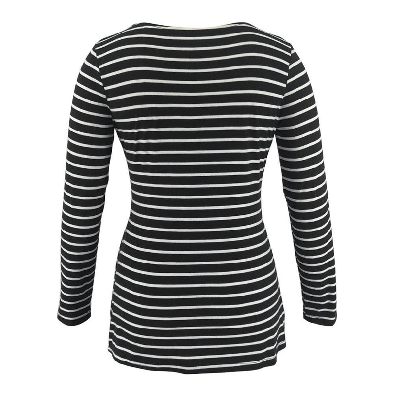 Black and white striped long-sleeve top on a white background