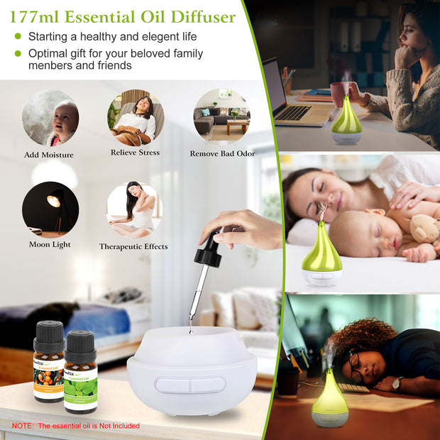 Essential oil diffuser with lifestyle images and product features on a white background