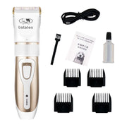 Dog hair clipper set with sharp blade, charging cable, comb attachments, oil, and cleaning brush for pet grooming.