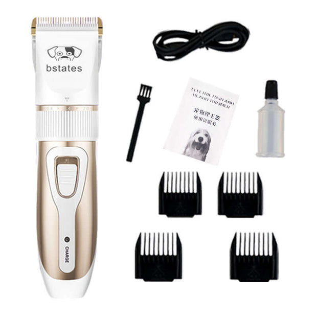 Dog hair clipper set with sharp blade, charging cable, comb attachments, oil, and cleaning brush for pet grooming.